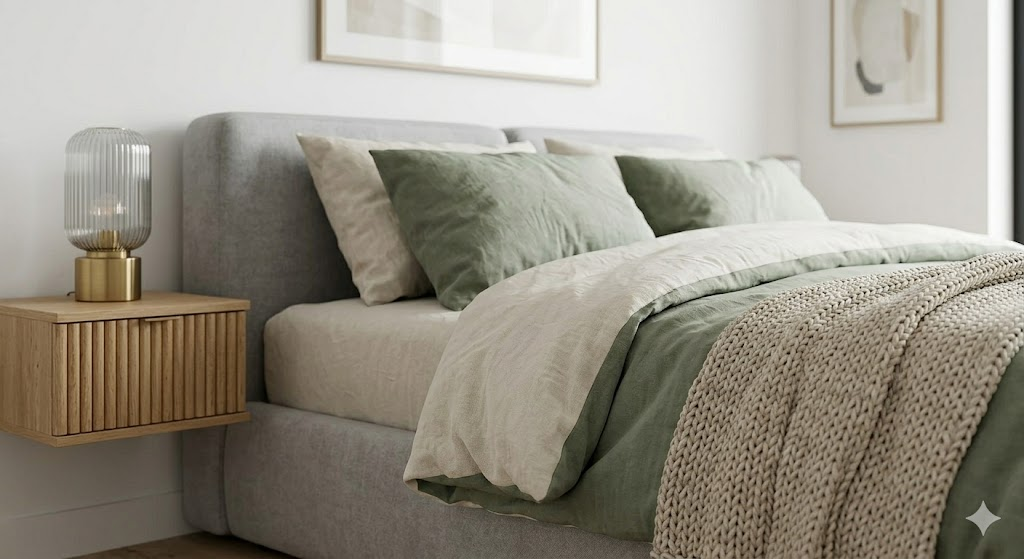 Elegant modern bedroom with layered bedding and refined bedside lighting