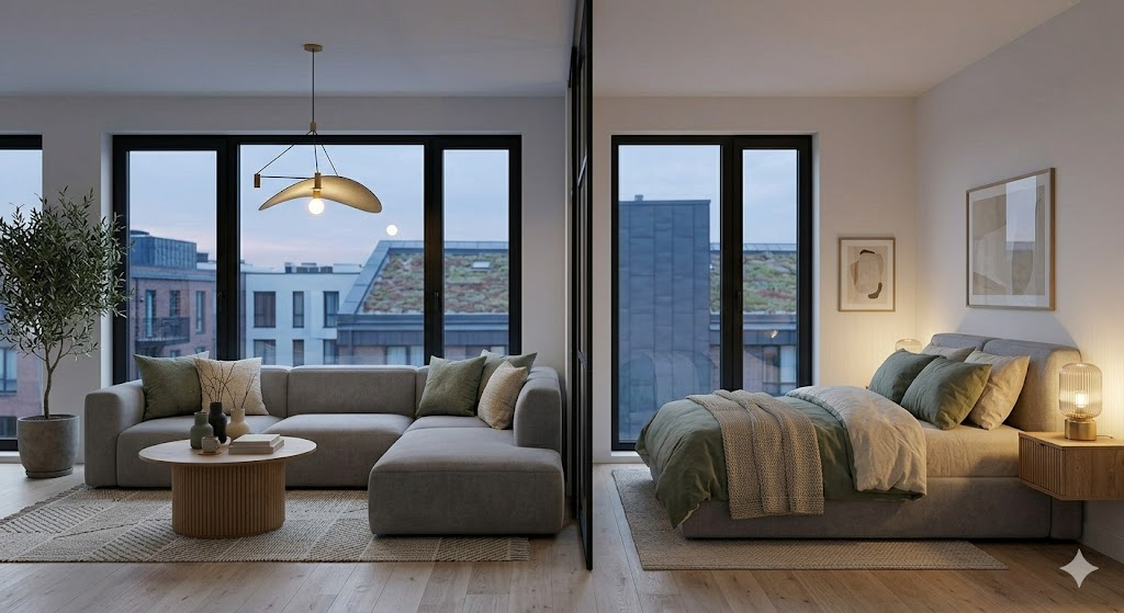 Refined modern interior with coordinated living and bedroom styling