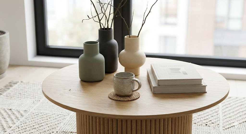 Styled modern coffee table with books, ceramics, and minimal decor accents